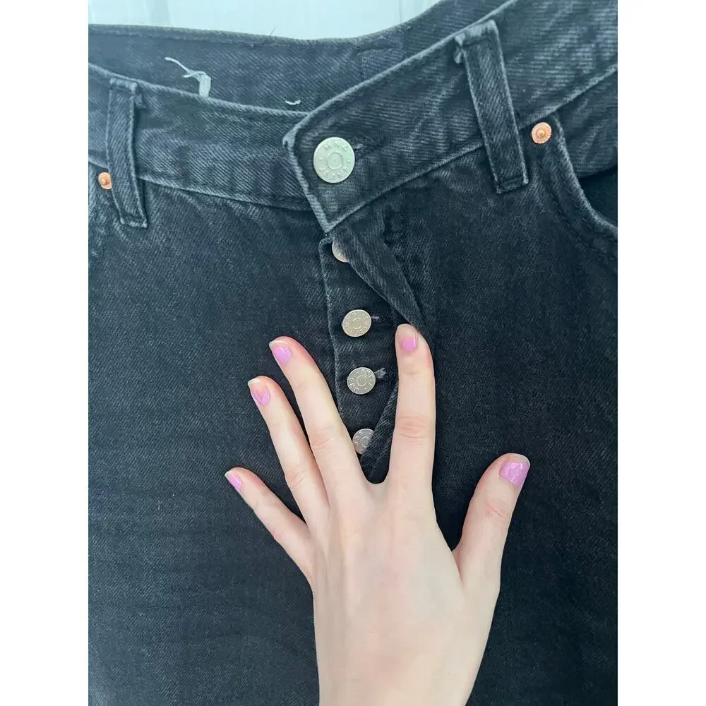 MNG Jeans Wide Leg Black Denim High Waist Led Button Fly 100% Cotton Women's 6